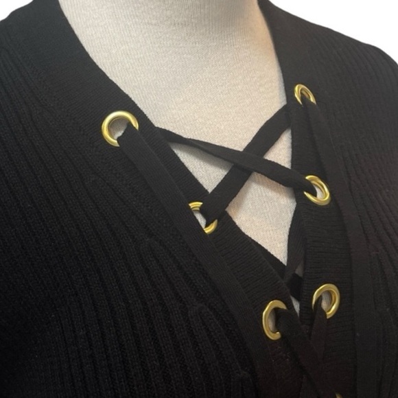 Michael Kors Sweater Cotton Lace Up Ribbed Gold Accents Sz. L - Picture 4 of 5